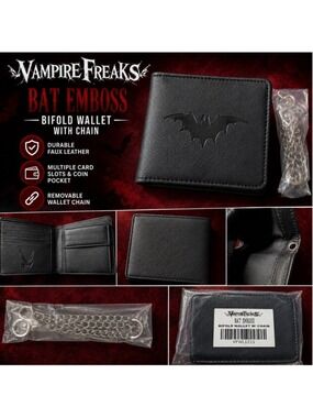 VampireFreaks Bat Emboss Bifold Wallet w/ Chain Goth Emo Punk Black